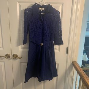 Blue collared, lace top dress with belt